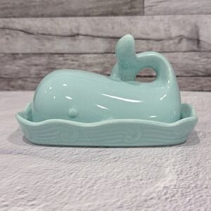 Creative Co-Op Aqua Blue Whale Butter Dish w/ Lid Stoneware Cottage Core